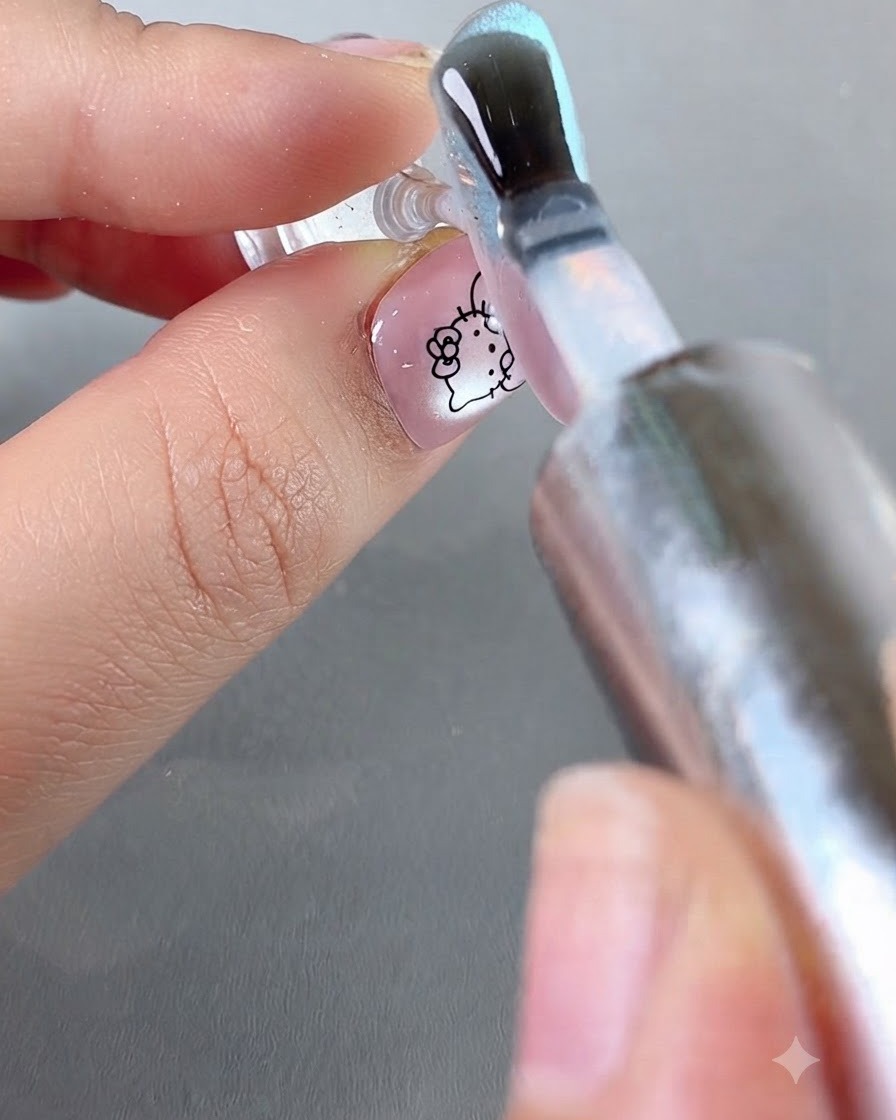 A brush applying a thick, glossy final top coat over a finished nail design.