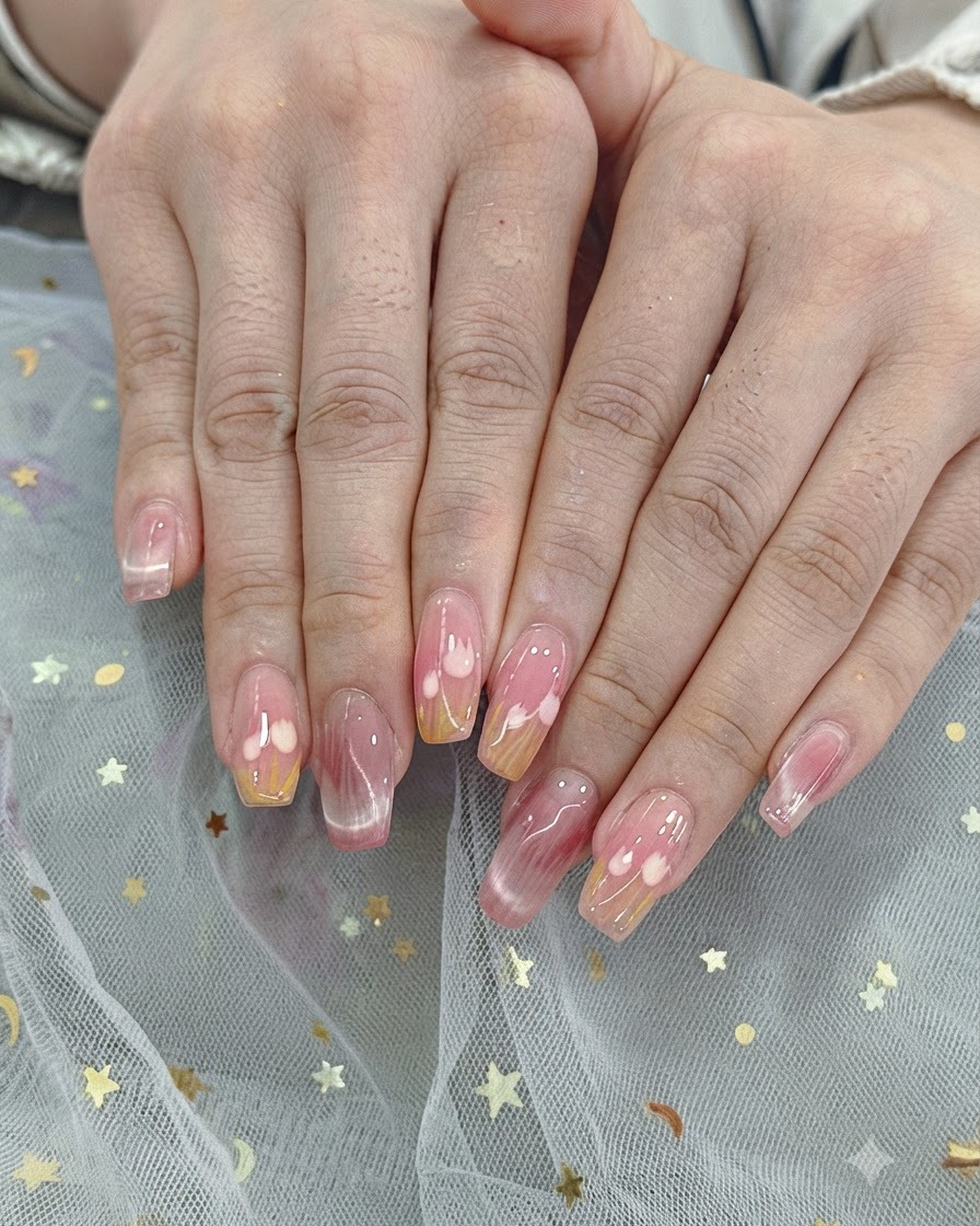A close-up of a hand applying soft yellow gel polish onto the tips of natural-shaped nails.