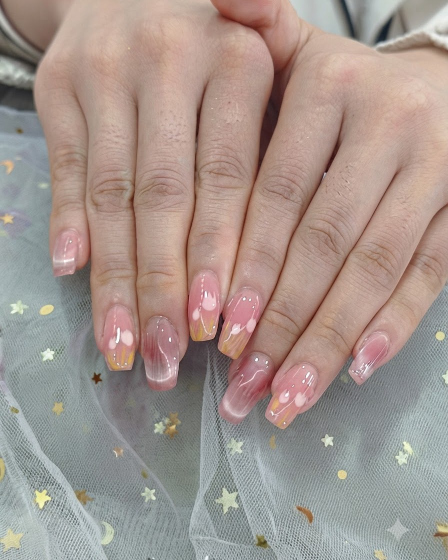 A clients hands curing under a pink glow inside a UV and LED nail lamp.