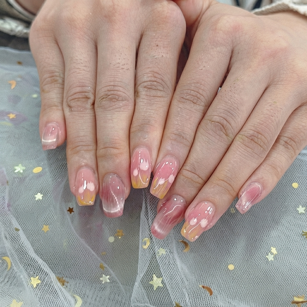 A nail artist using a fine brush to paint tiny white hearts onto gradient nail tips.