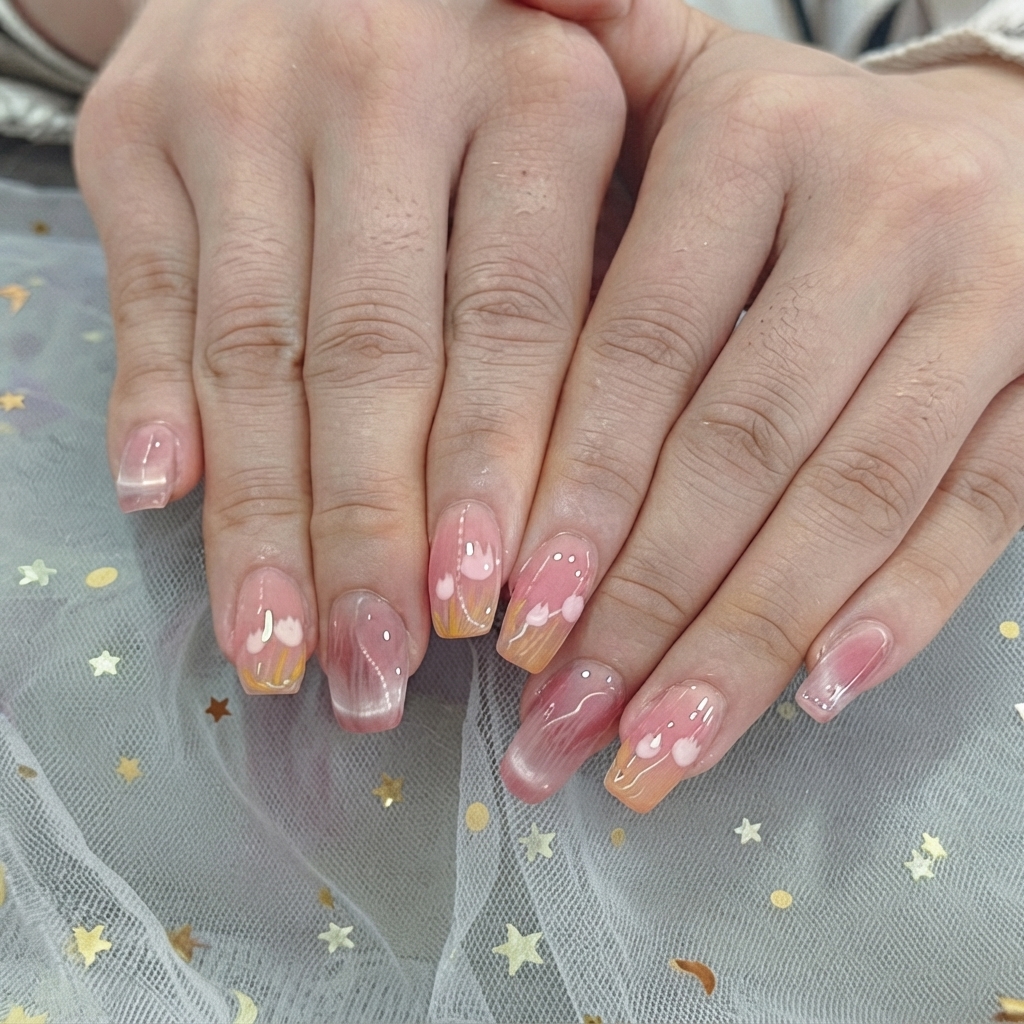 A brush dabbing delicate shimmer glitter specks around white hearts on a gradient nail.