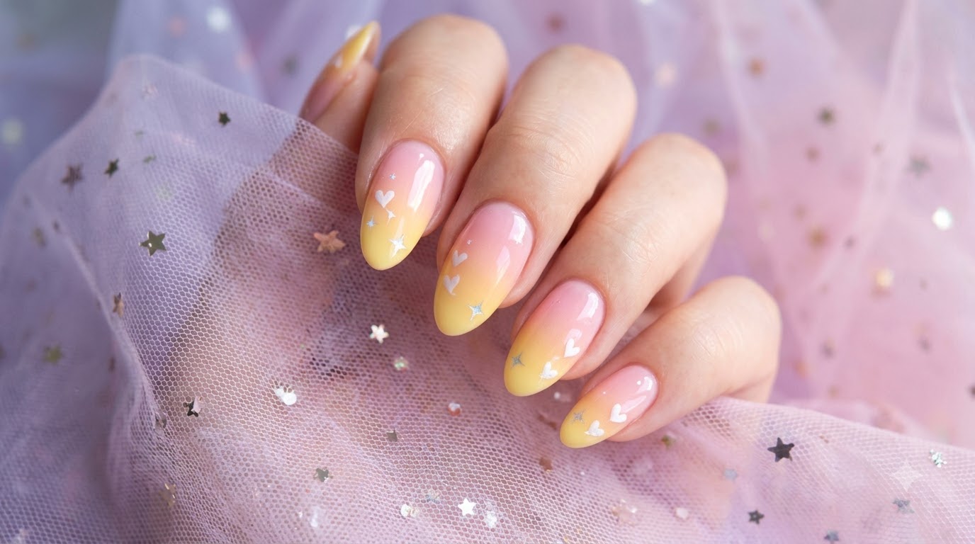 Pink and Yellow Sunset Gradient Nails with Sweet Heart Details