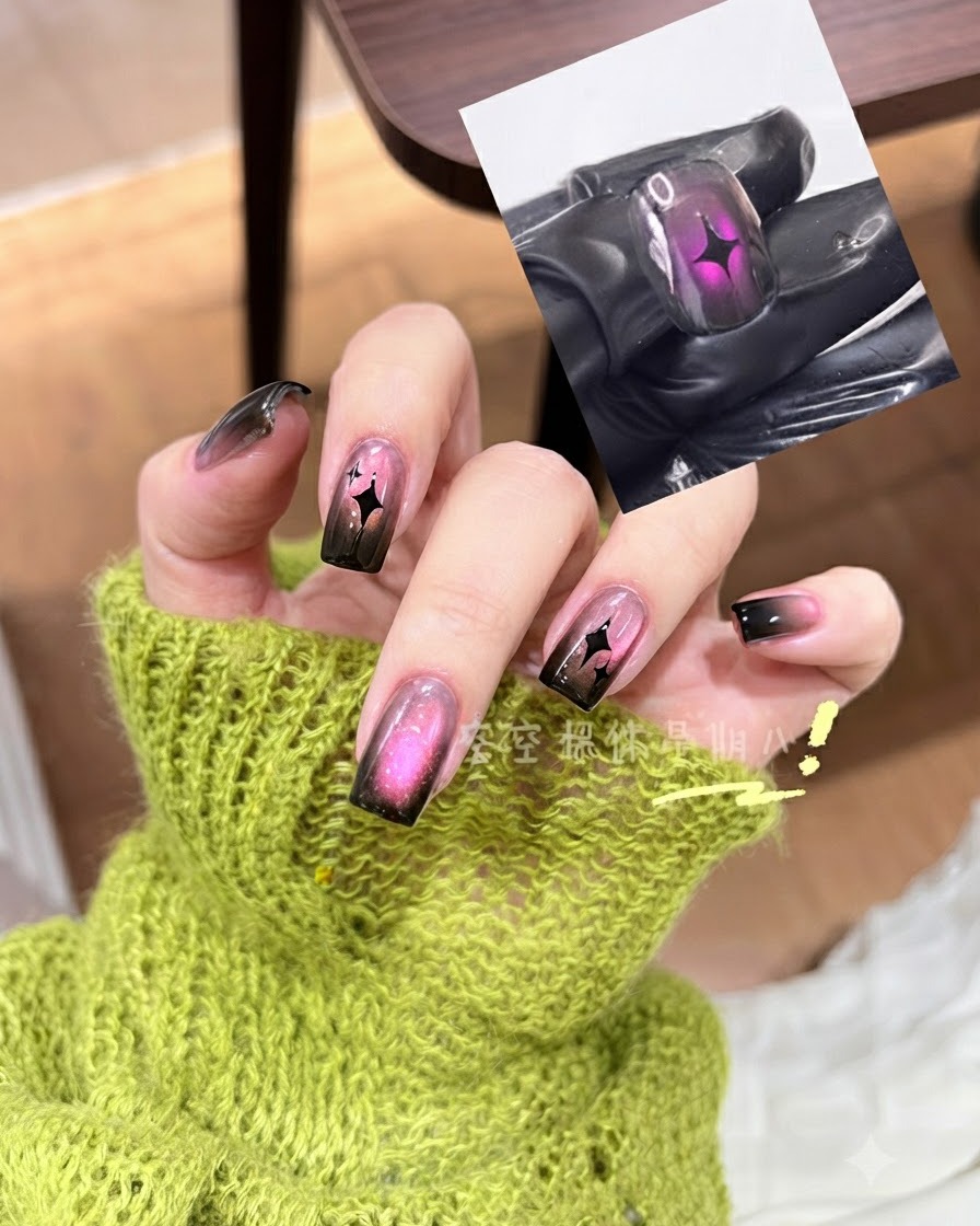 A brush applying vibrant pink cat eye gel over the prepped nail.