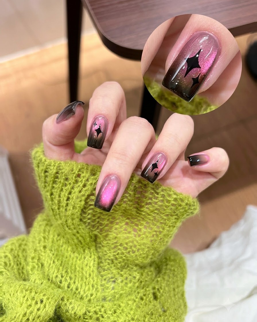 A pair of tweezers placing a black star sticker onto a finished cat eye nail.