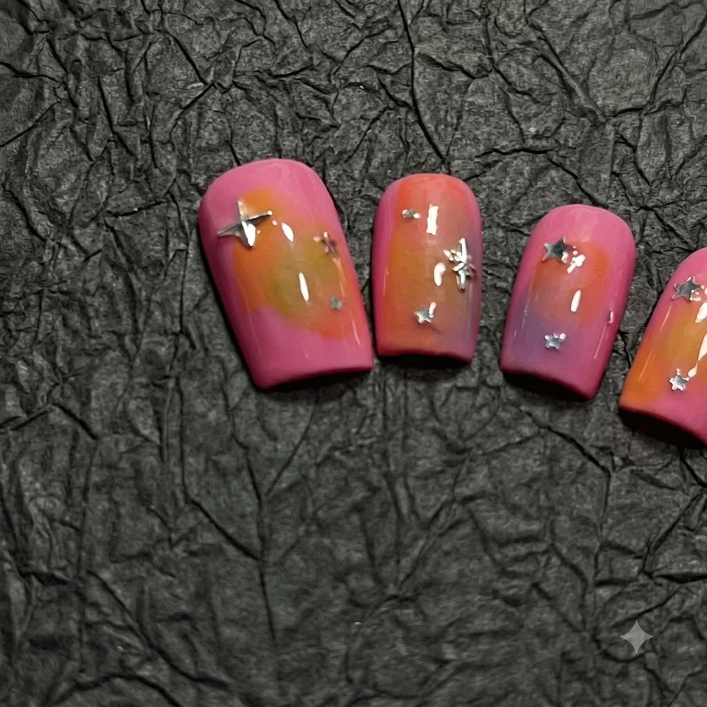 A close-up view of a pink and orange gradient nail decorated with scattered silver star glitter.