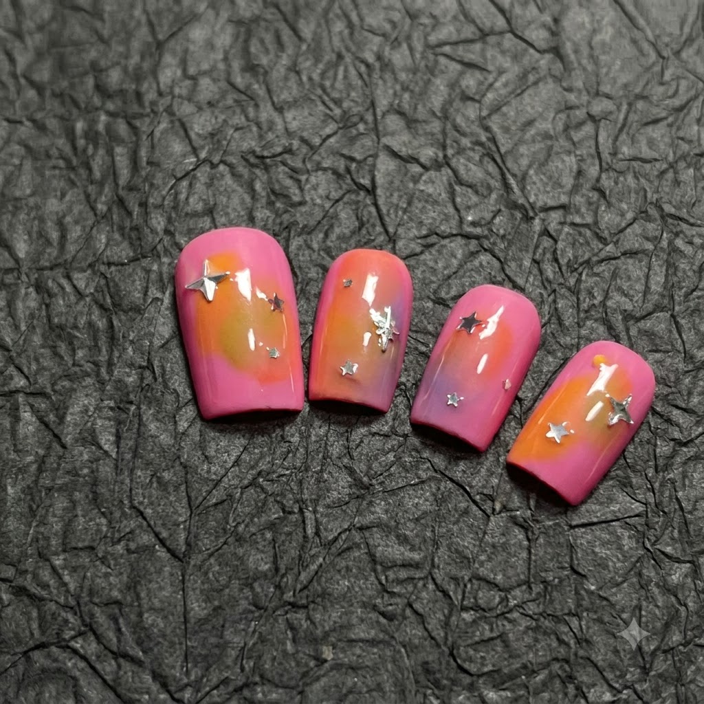 A medium shot panning across the nail display to show the blended orange and purple gradient on the third nail.