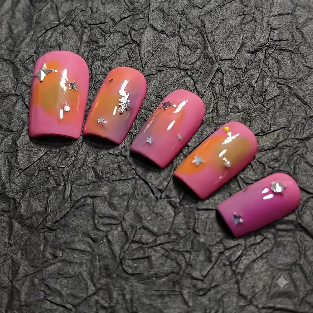 A macro close-up of the fifth nail showcasing the bright pink cuticle zone and rich purple tip.