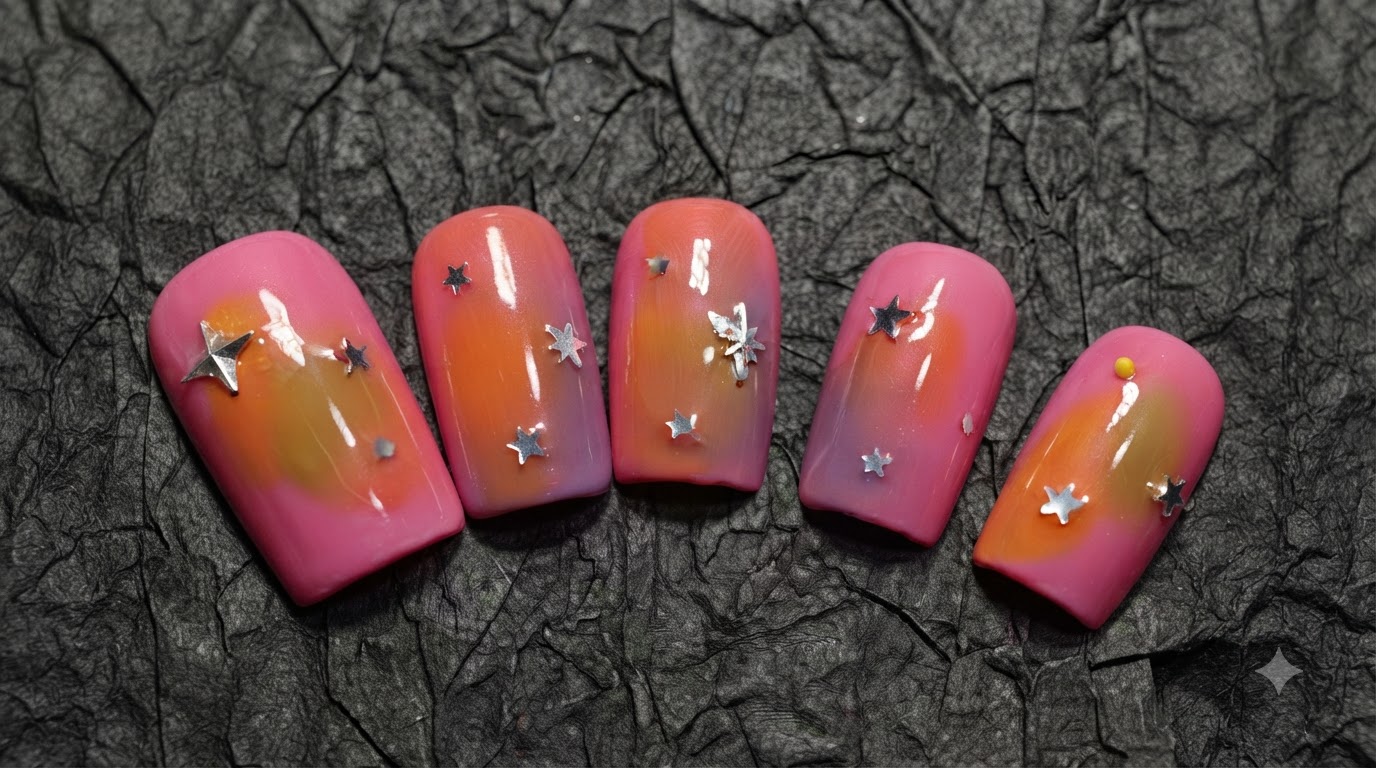 Pink Sunset Gradient Press-On Nails with Star Accents Tutorial