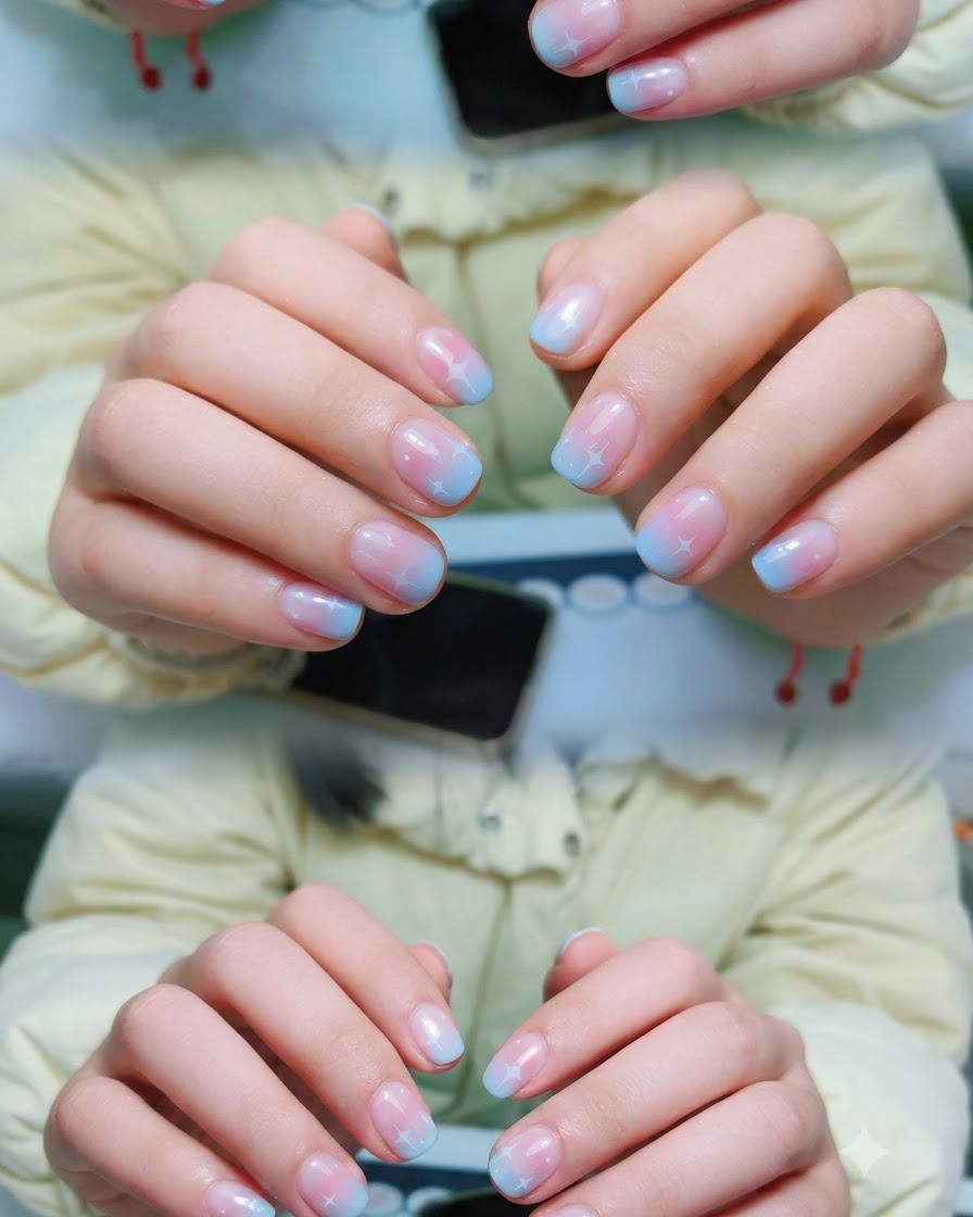 Hands placed inside a glowing UV/LED nail curing lamp during a professional manicure.