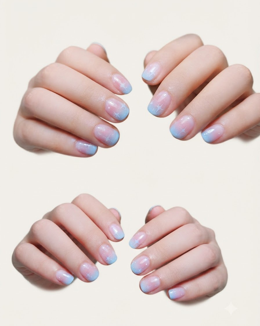 A nail brush applying a soft pastel pink gel color to the bottom half of a fingernail.