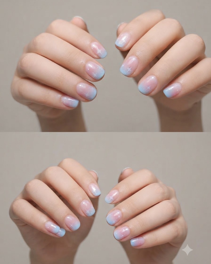 A small sponge gently blending the transition line between pink and blue gel on a fingernail.
