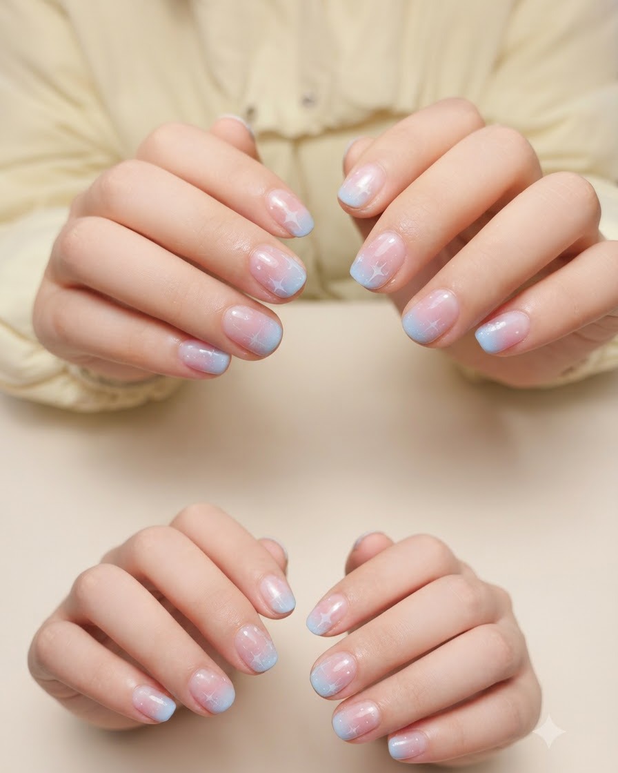 Fingernails with a pink and blue gradient curing inside a professional UV/LED nail lamp.