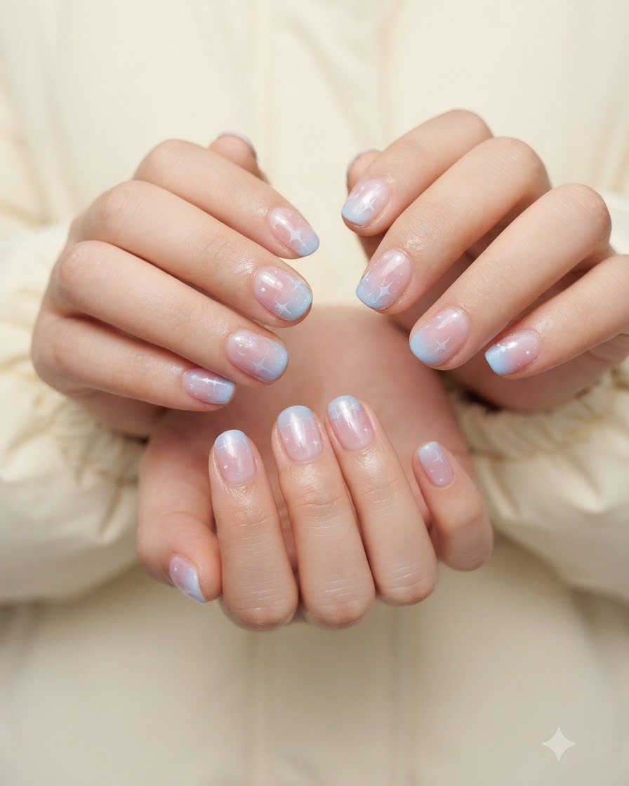 A close-up view of hands having small white star nail art painted onto gradient nails with a liner brush.