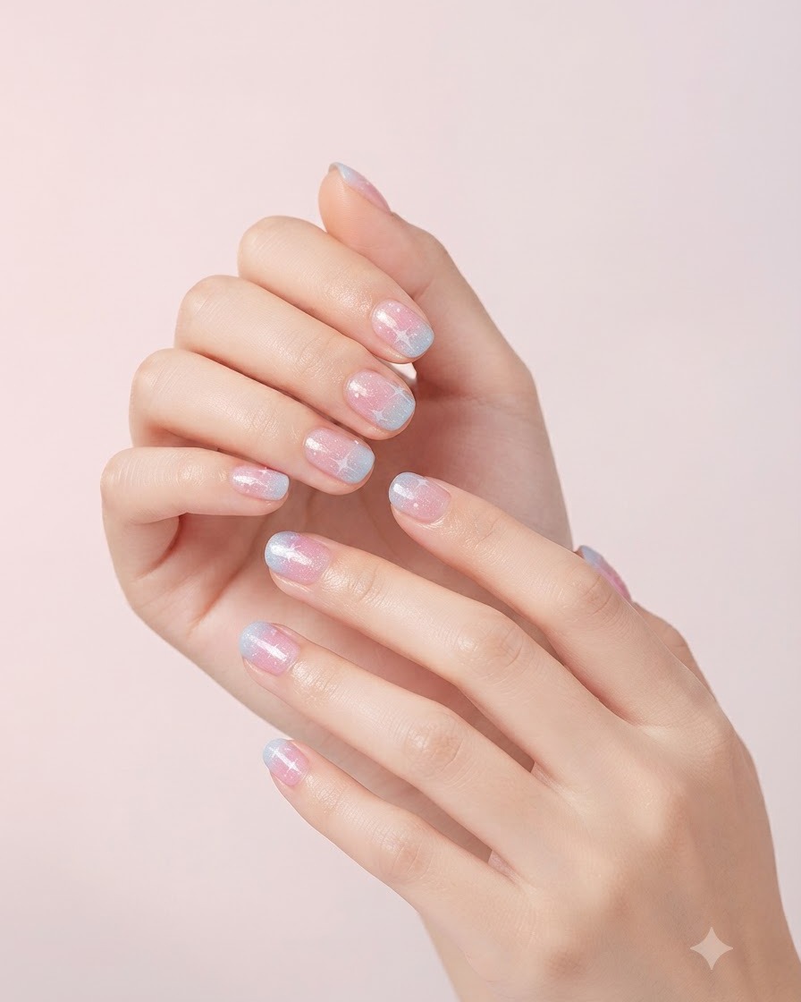 A close-up shot of hands with gradient and star nail art resting in front of a neutral background.