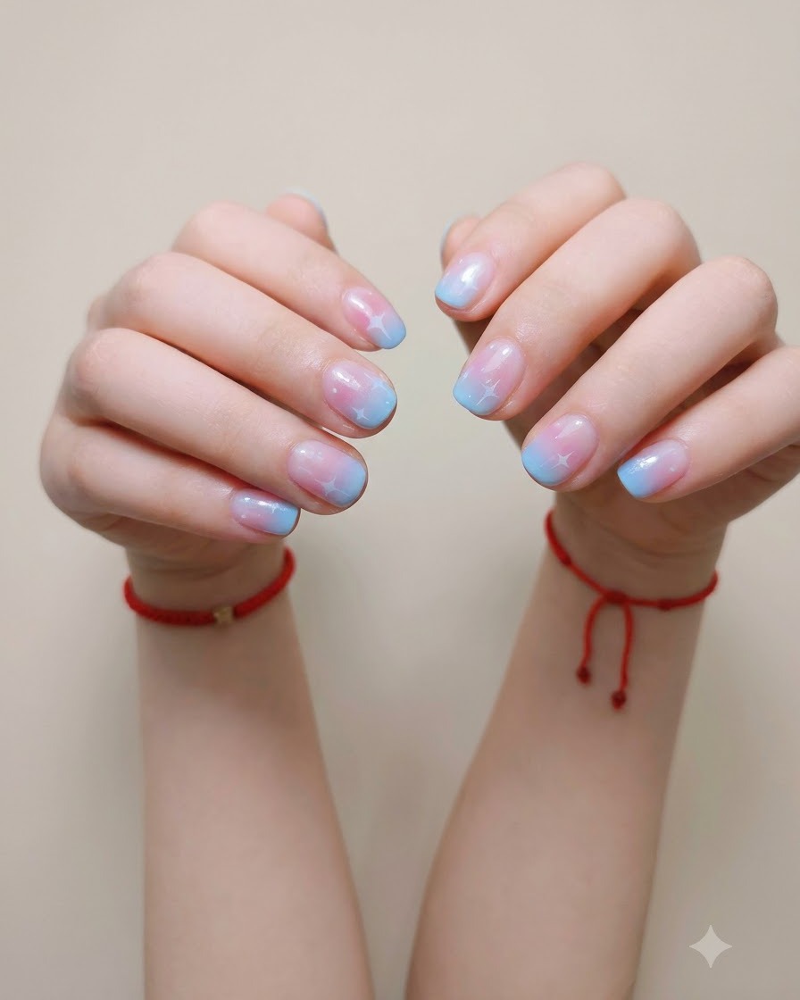 A close-up of a completed gradient and star manicure with a high-gloss finish.