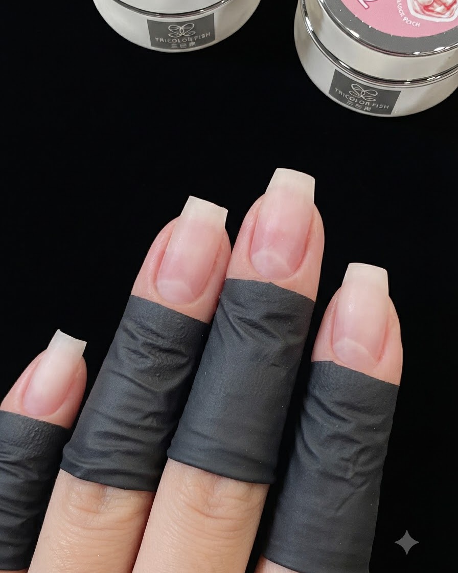 Close-up of four fingers with black protective wraps, showing natural nails prepped with builder gel applied at the free edges.