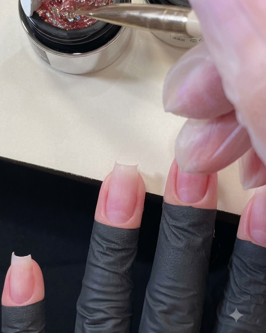 A flat gel brush loaded with pink chunky glitter hovering just above the center of a prepped middle fingernail.
