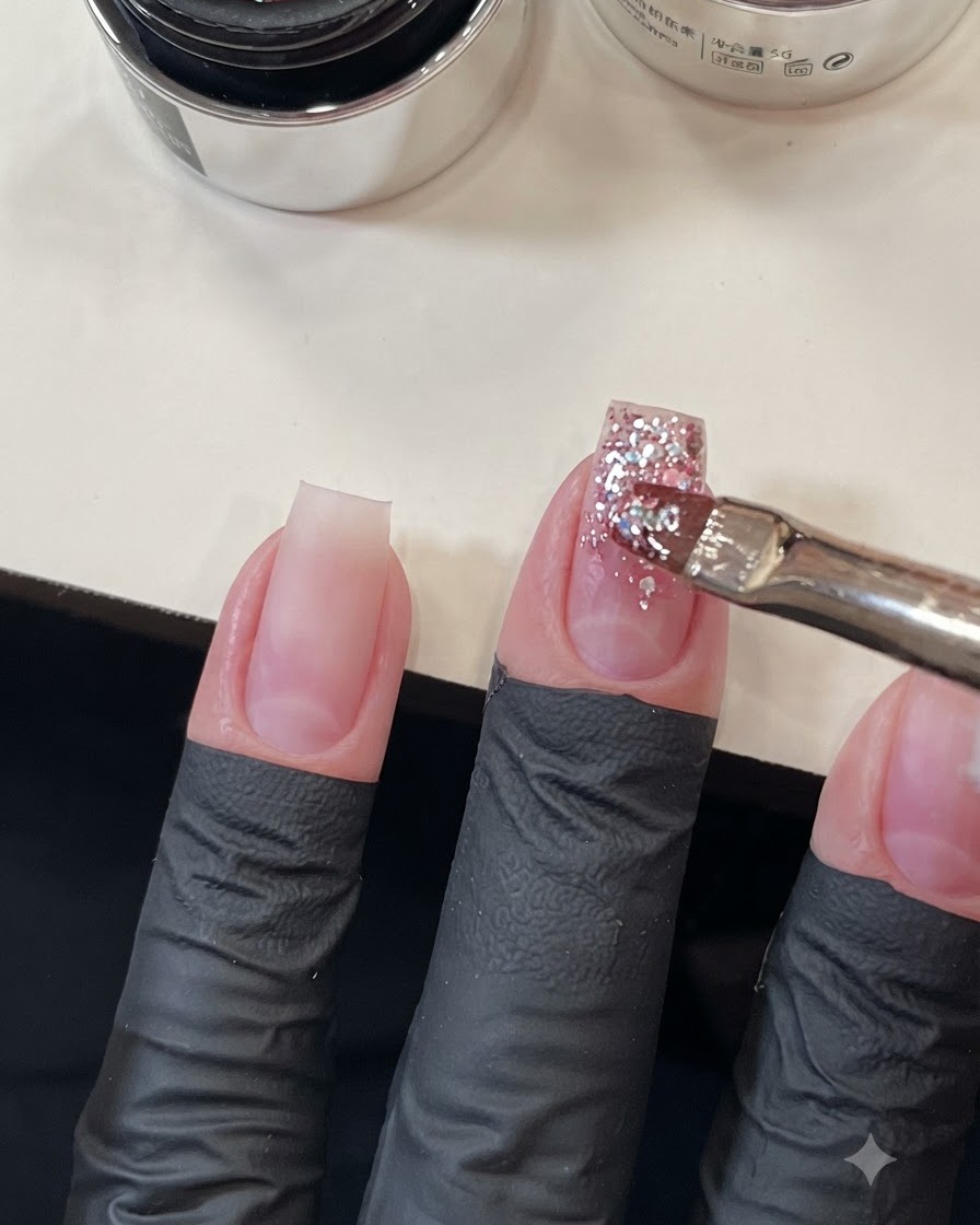 Gel brush precisely placing extra chunky sequins onto the middle fingernail to enhance the glitter gradient.