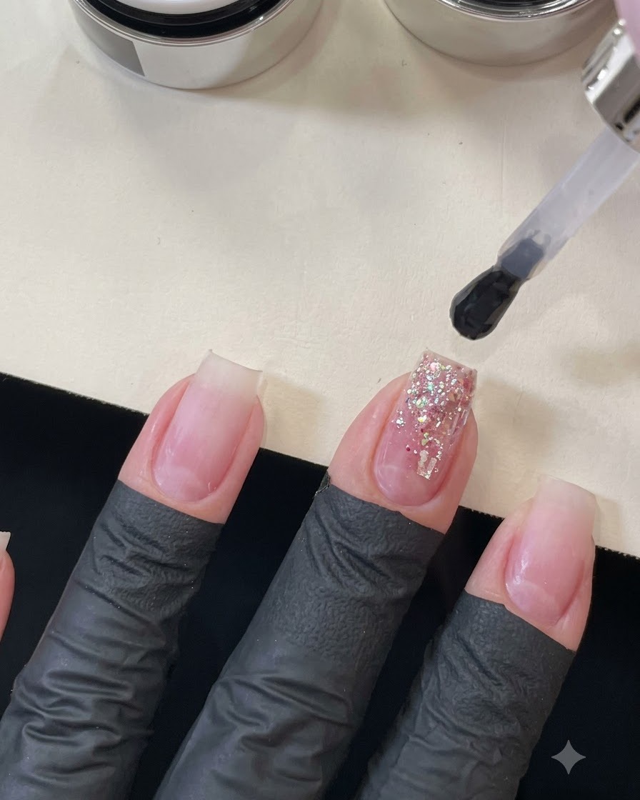 A brush dropping a thick bead of clear builder gel onto a sequin-covered nail to encapsulate the design.
