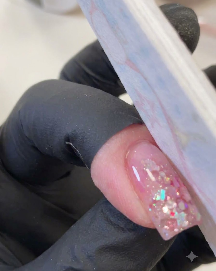 A gloved hand using a thin nail file or buffer to smooth out a clear gel nail with encapsulated pink sequins.