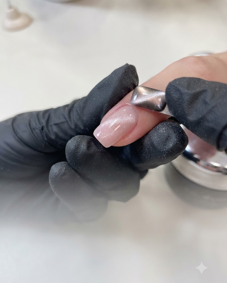 A gloved hand holding a silver rectangular magnet over a nail painted with shimmery nude cat eye gel.