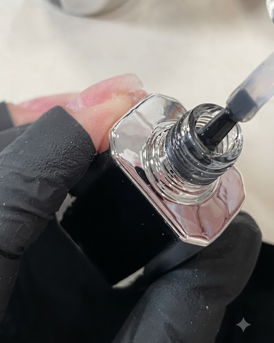 A brush applying a clear, glossy top coat over a middle finger nail.