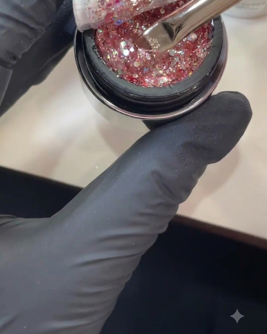 A gloved hand holding a brush dipping into a jar filled with sparkling pink and duochrome sequins.