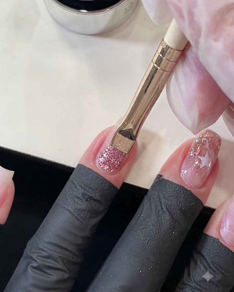 A nail brush pulling pink sequins down from the cuticle area on a ring finger nail.