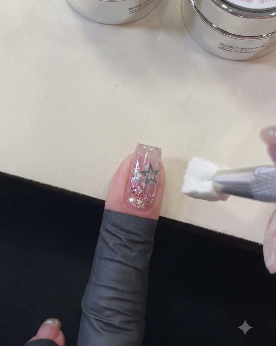 A sponge tool held near a finger displaying a star stencil outline on the nail.