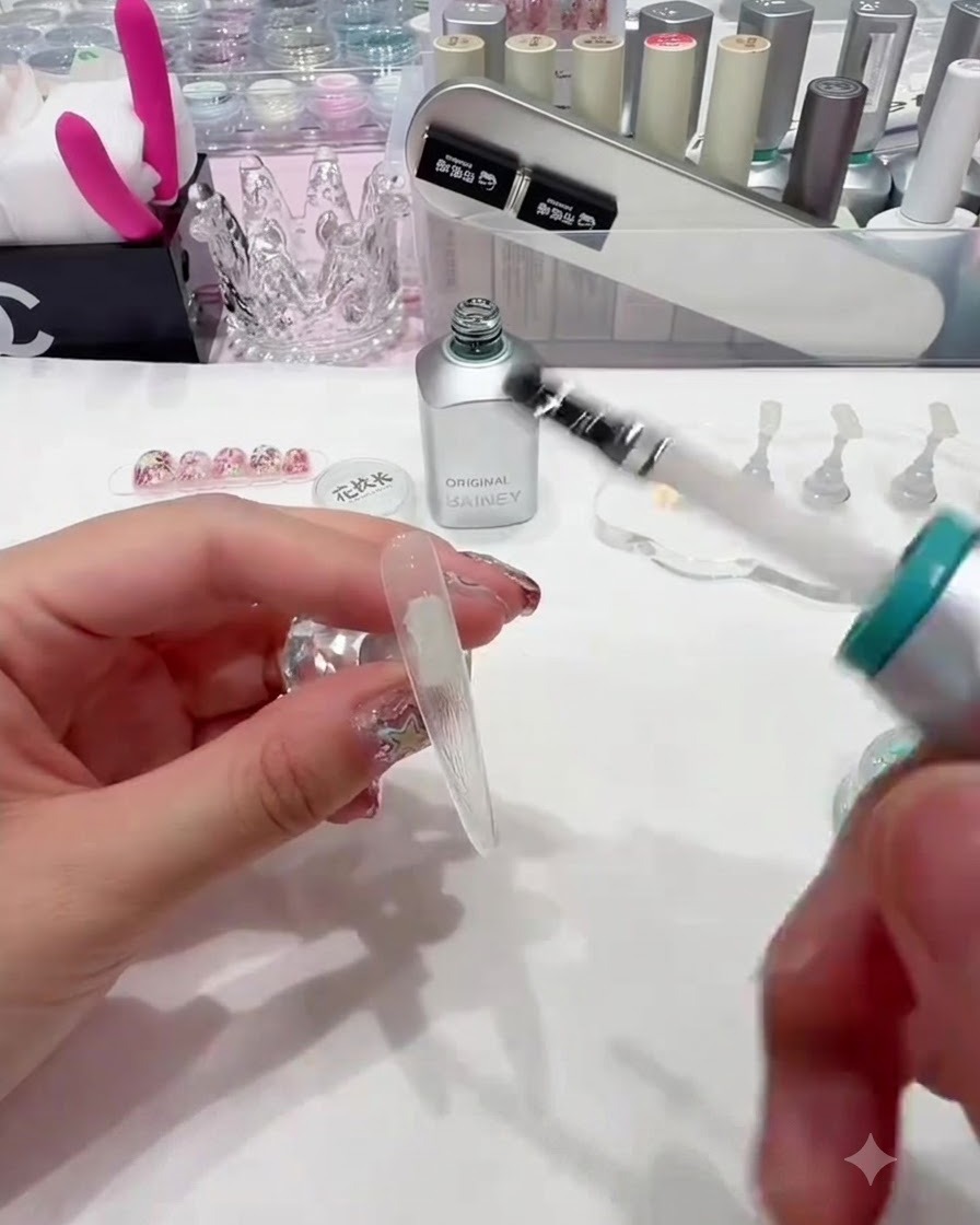 A brush applying clear base gel evenly onto a long transparent nail tip.