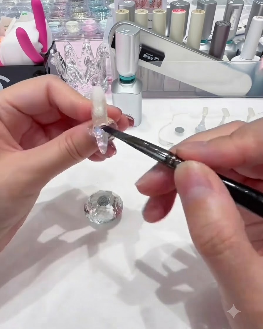 A small nail brush dropping colorful circular sequins onto the wet base gel near the base of the nail.