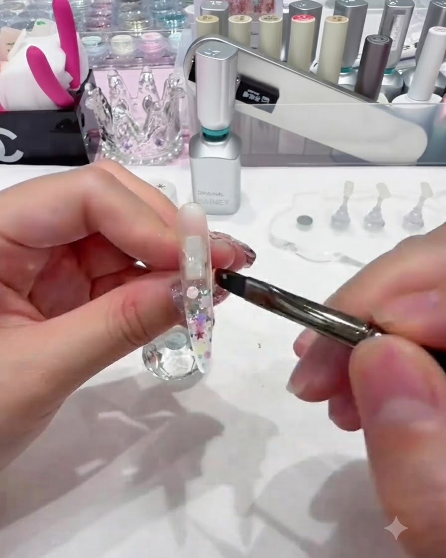 Using the edge of a fine nail brush to drag and distribute colorful sequins evenly along the length of the nail tip.