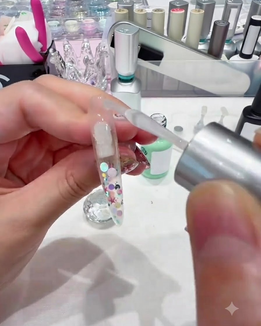 A pair of tweezers holding a makeup sponge dabbing pink gel onto a nail.