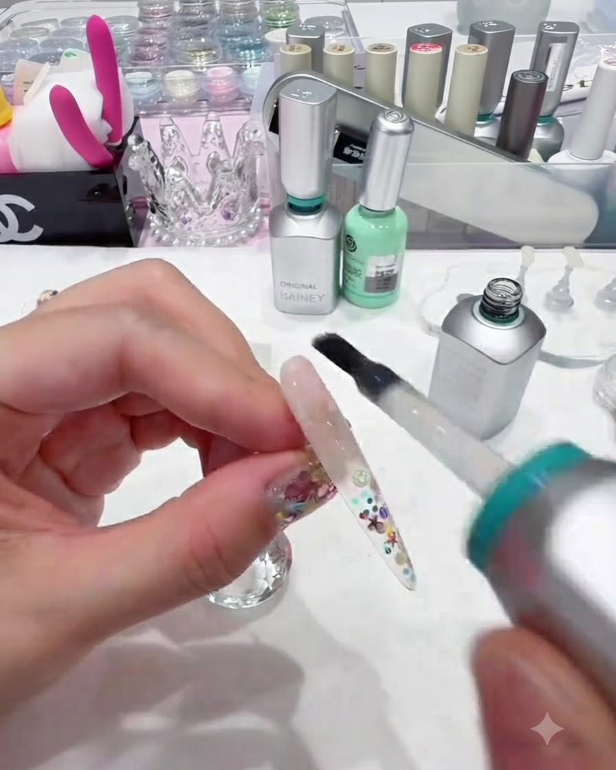 A bottle brush applying a smooth layer of clear non-wipe top coat over the fully encapsulated nail.