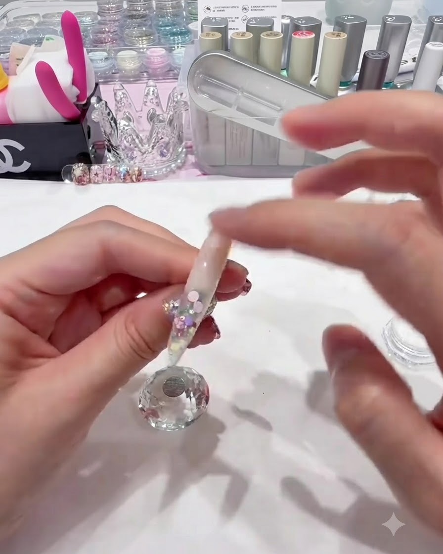 A bare fingertip rubbing iridescent aurora chrome powder onto the cuticle area of a glossy nail.