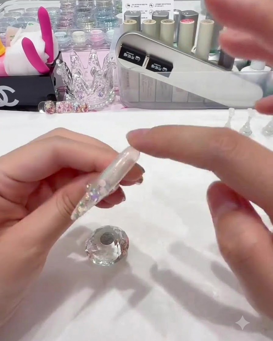 A fingertip vigorously rubbing chrome powder along the entire length of a nail extension.