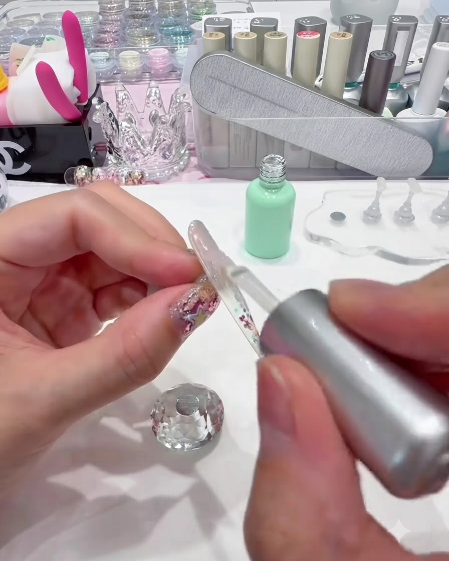 A brush applying clear builder gel over an aurora chrome powdered nail.