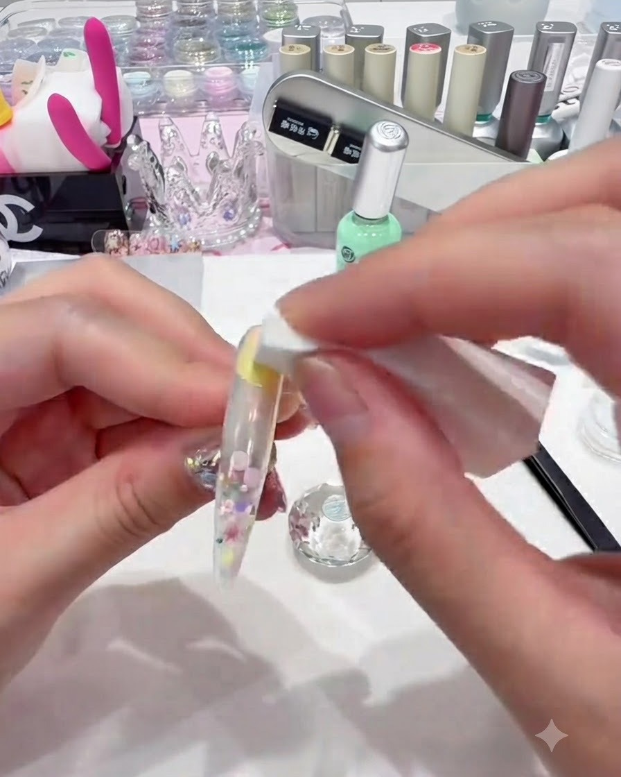 Fine tweezers placing a small yellow star decal onto the surface of a decorated nail.