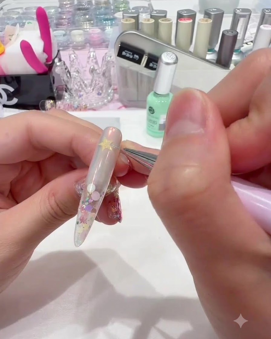 A fine liner brush tracing a white outline around a star sticker on a nail.
