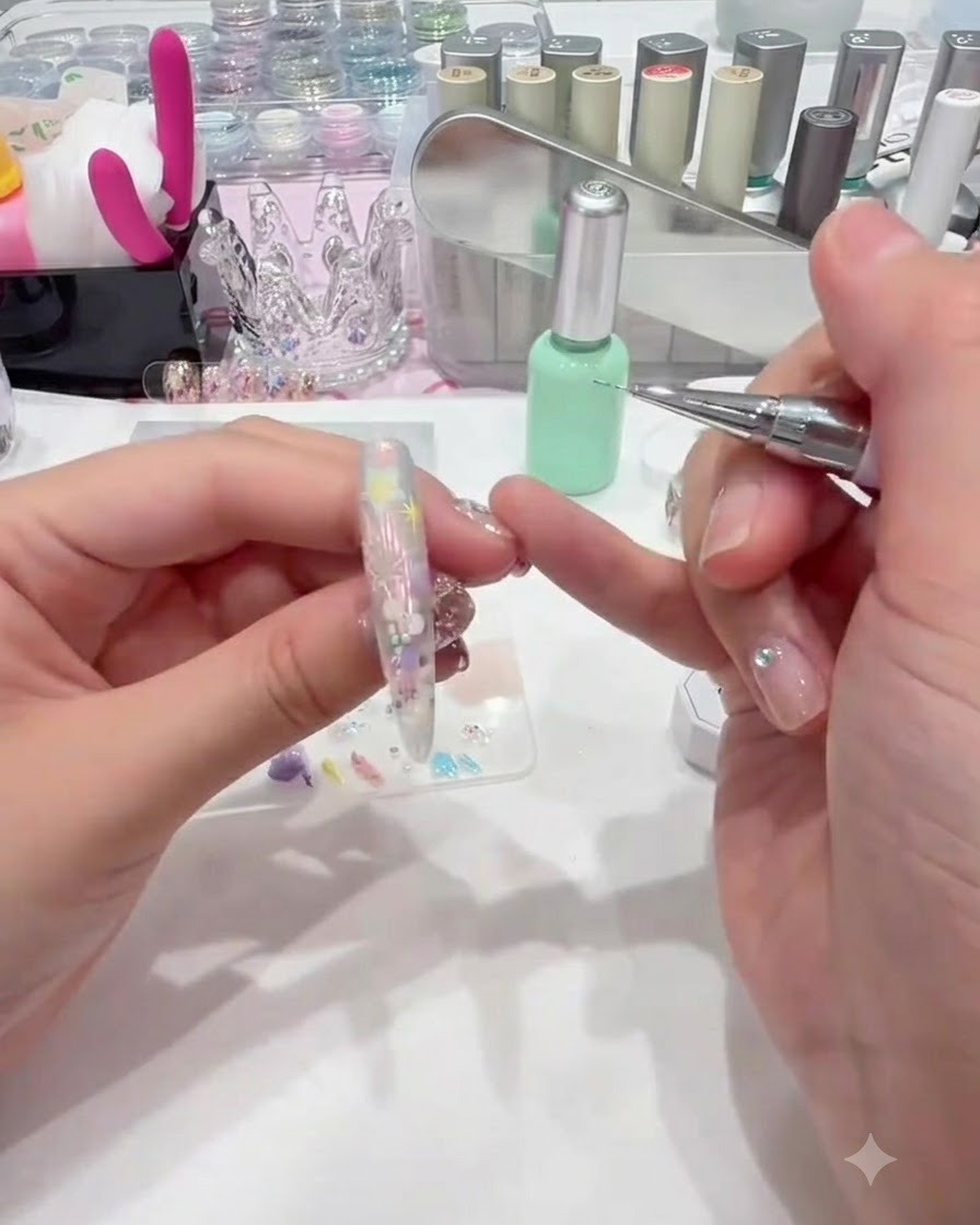 A dotting tool adding small accent dots between nail art elements.