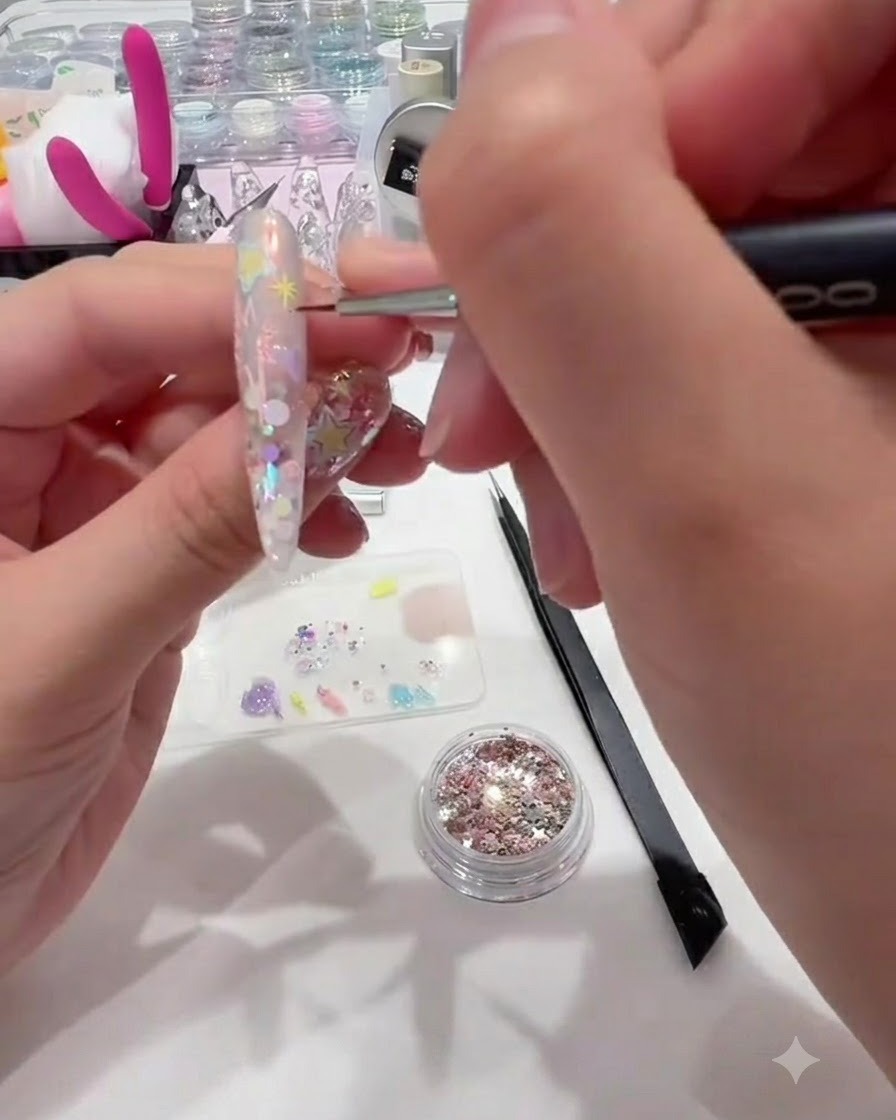 A fine tool placing small star-shaped glitter into vacant areas of a nail design.