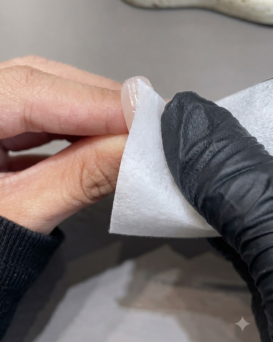 A gloved hand using a white lint-free wipe to clean the surface of a manicured nail.