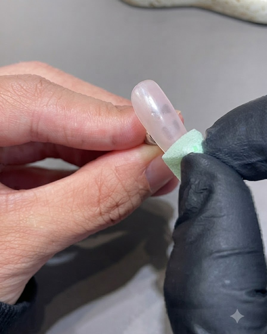 A textured green makeup sponge dabbing pigment onto the tip of a polished nail.
