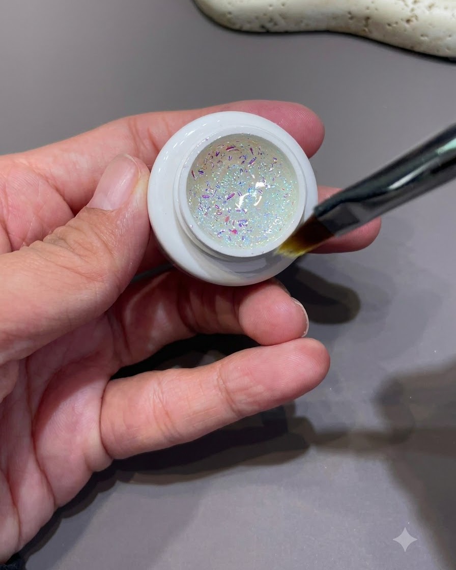 A small brush dipping into a jar of iridescent bubble sequin flakes and holographic glitter.