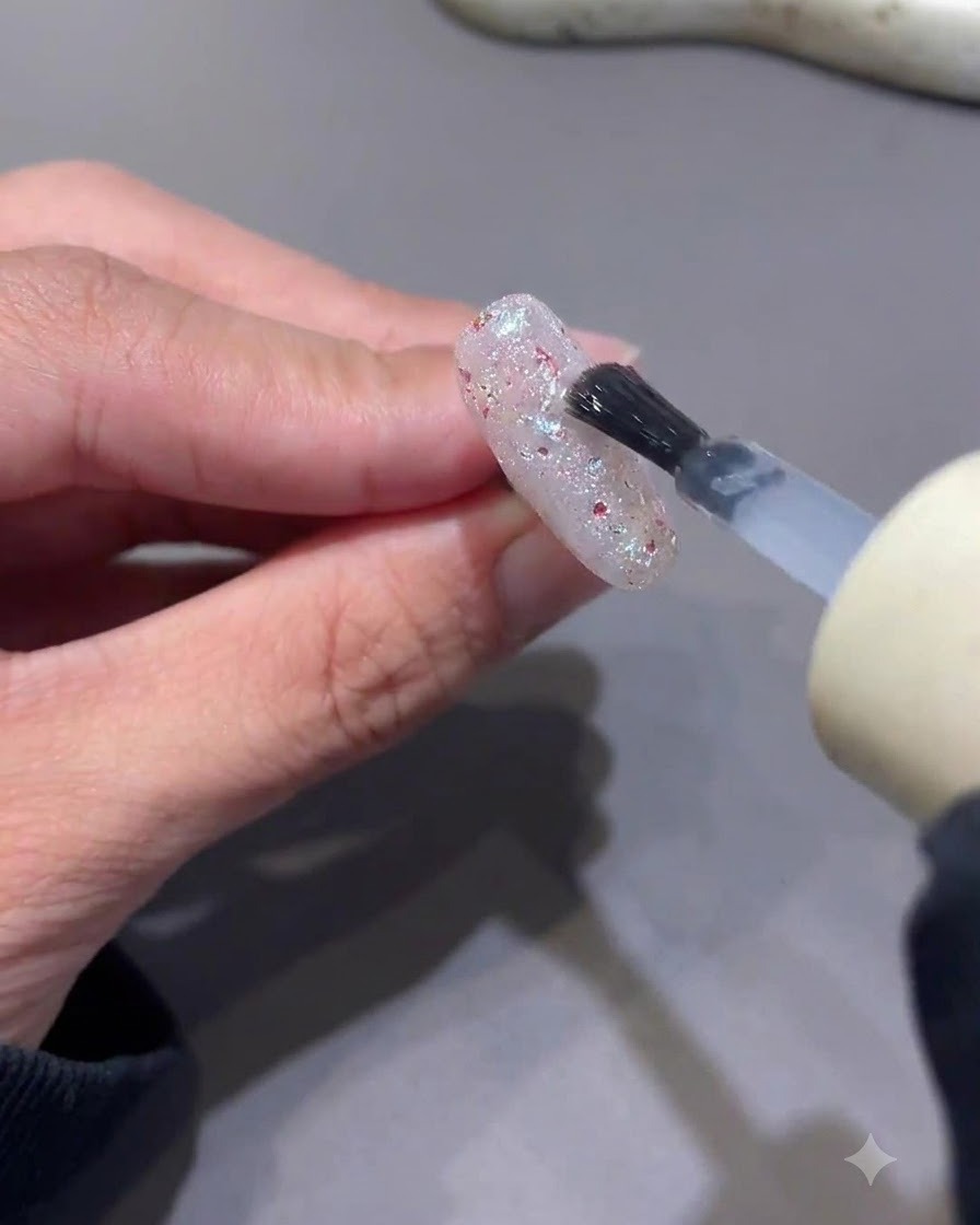 A small brush applying clear reinforcing gel over a glitter and sequin-embedded nail.