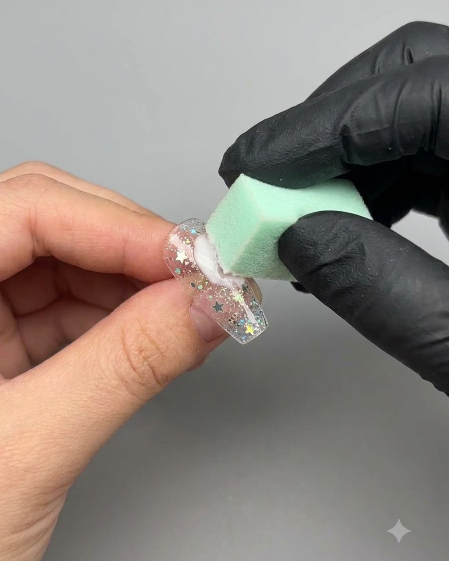 A green sponge dabbing white gel onto a nail decorated with a star sticker.