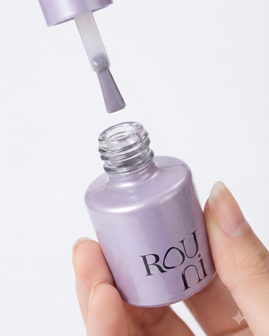 A brush applying a clear gel base coat onto a bare fingernail.