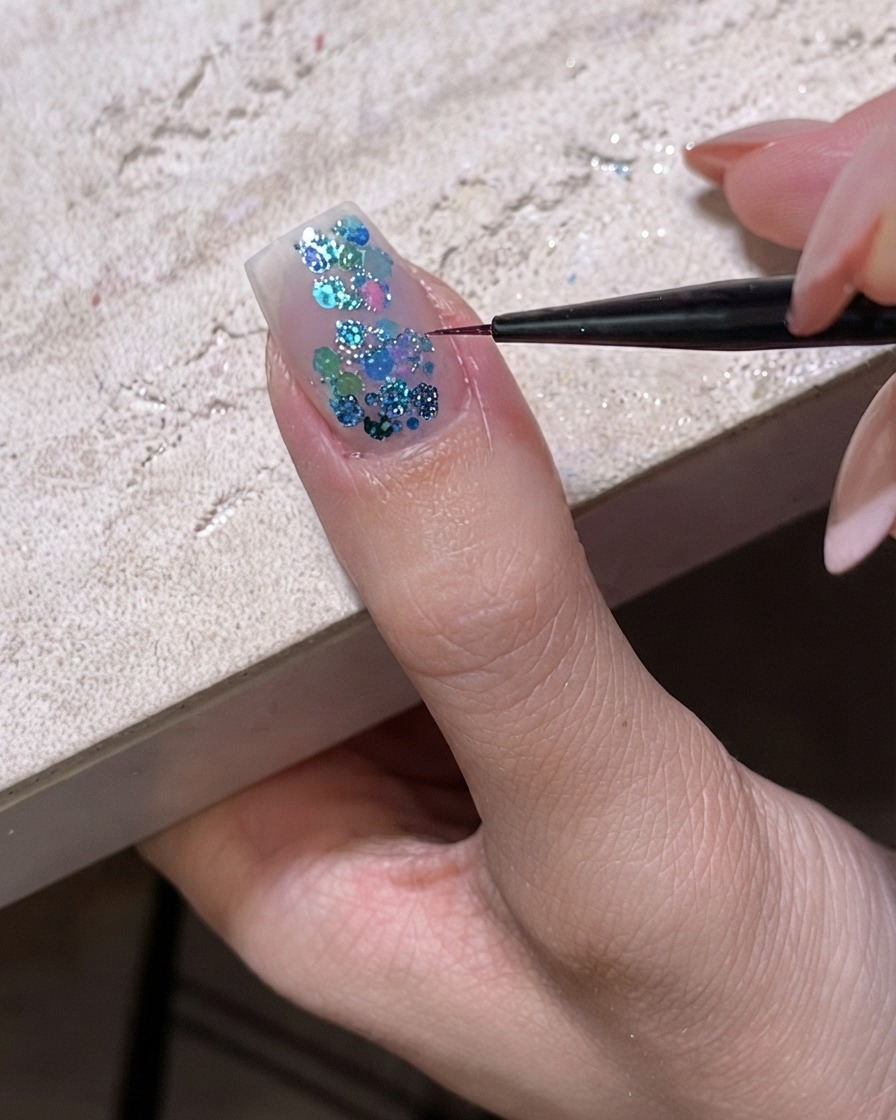 A fine brush placing blue holographic glitter pieces onto a gel-coated nail.