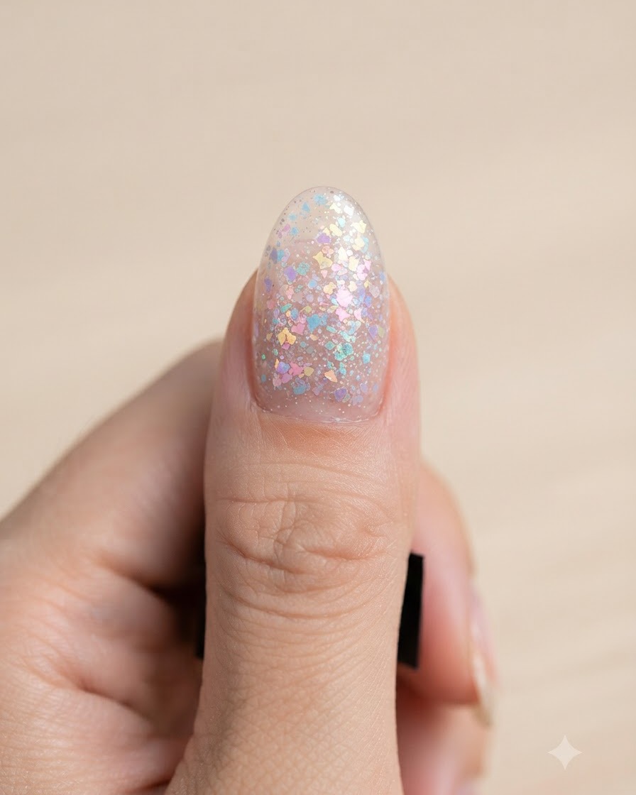 A green buffer block being gently used around the cuticle and proximal nail fold of a manicured finger.