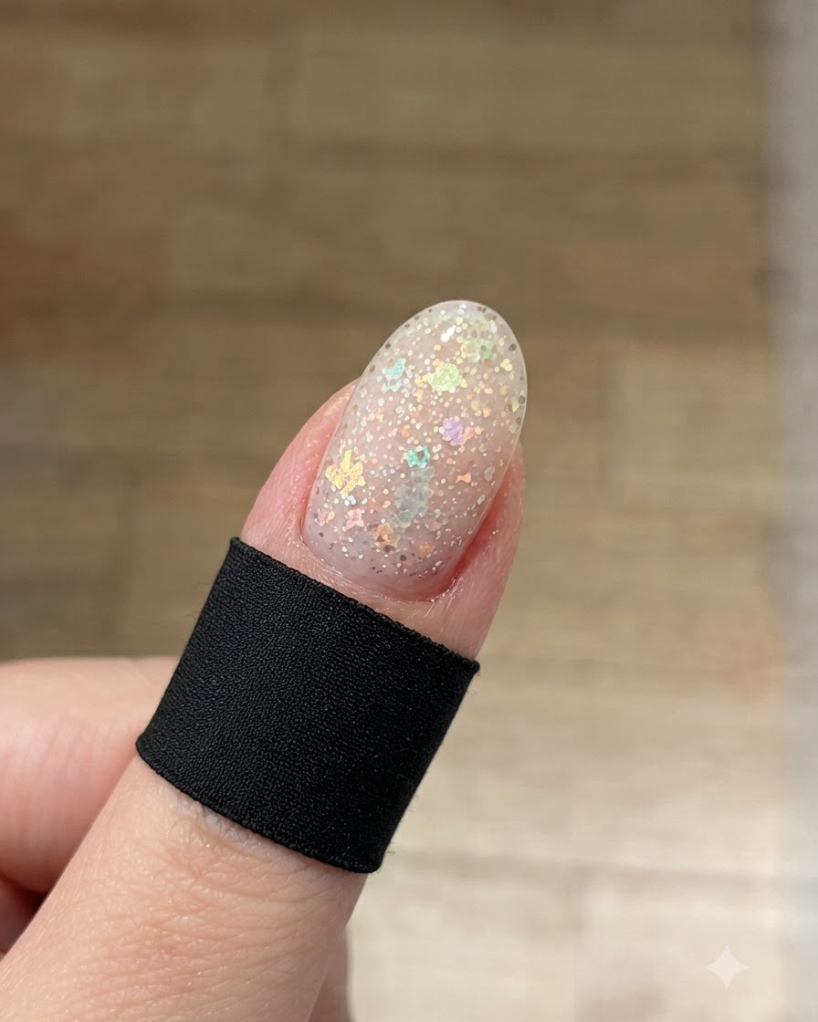 An alcohol pad wiping down the glossy surface of a cured nail to remove residue.